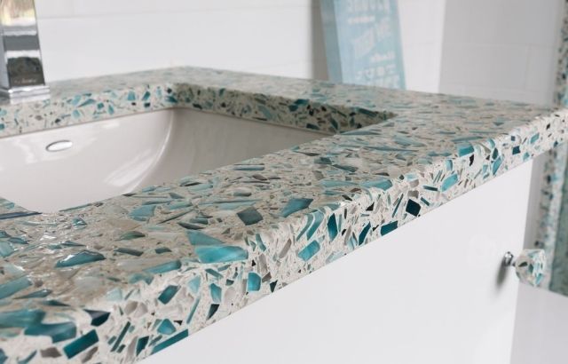 Floating Blue with Sea Pearl Recycled Glass Countertops