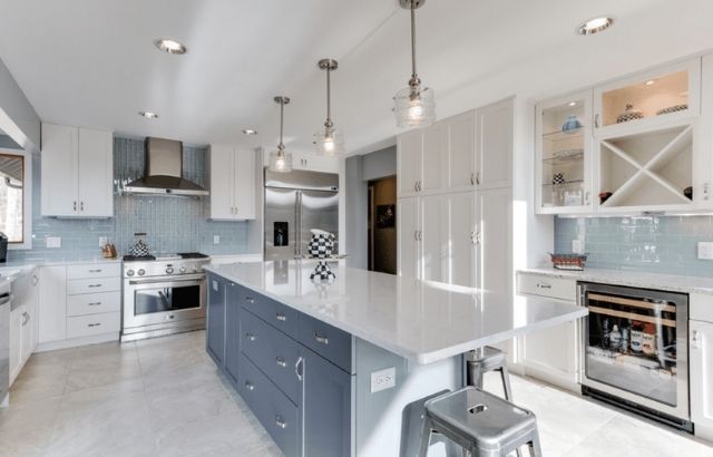 Modern Farmhouse Kitchen with Recycled Glass Countertops