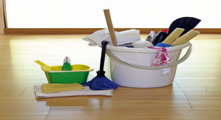 Gather the supplies needed for cleaning unfinished wood floors