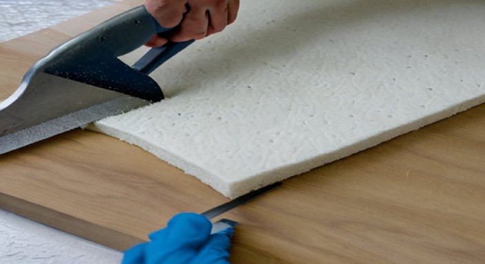 Cutting foam with a hand saw to cut memory foam mattress