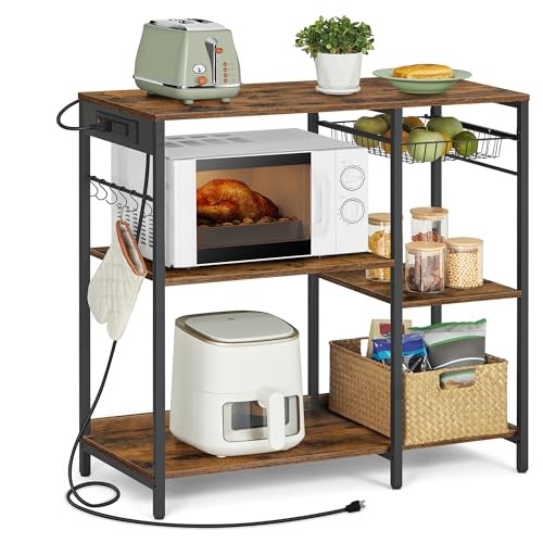 Vasagle Baker's Rack, Coffee Bar Stand With Charging Station, Storage Shelves, Pull-out Wire Basket, Table For Microwave, Kitchen, Rustic Brown